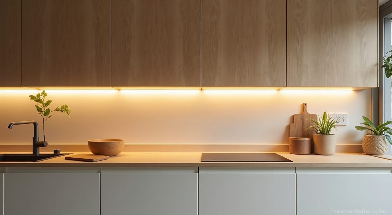 Warm under-cabinet LED lighting over the worktop in a Muji Japanese Singapore kitchen