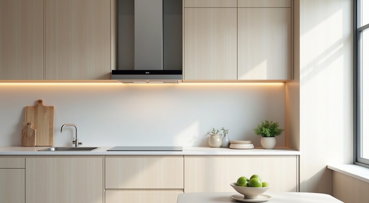 Slim cooker hood above the hob with moisture resistant laminate cabinets in a Muji Japanese Singapore kitchen