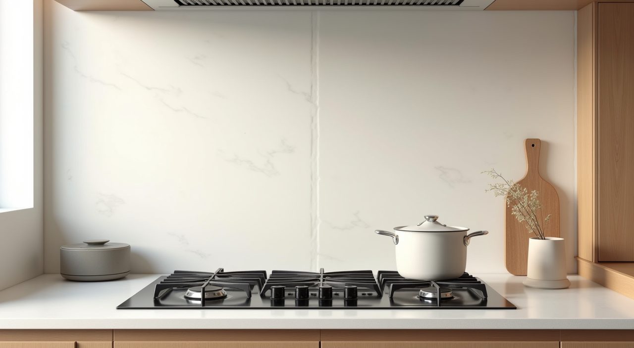 Off white large-format porcelain slab backsplash in a Muji Japanese Singapore kitchen