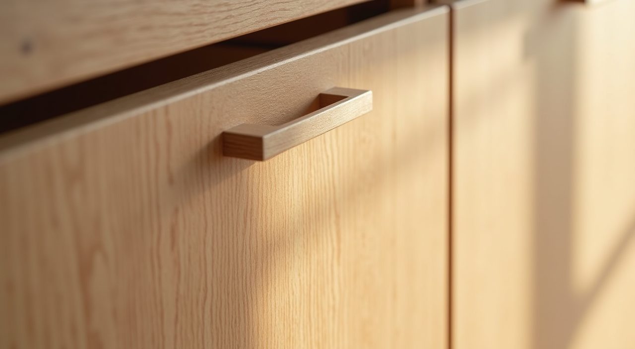 Close up of warm pale oak wood grain on a cabinet door in a Muji Japanese Singapore kitchen