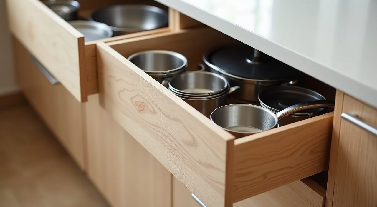 Deep pull-out drawer with organised pots in a Muji Japanese Singapore kitchen