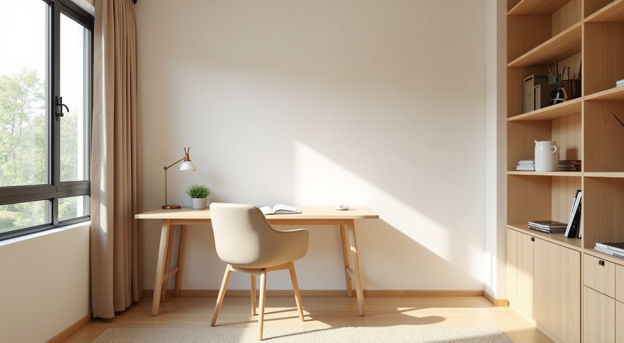 Muji Japanese study room in a Singapore HDB flat with warm off white walls and light oak wood palette
