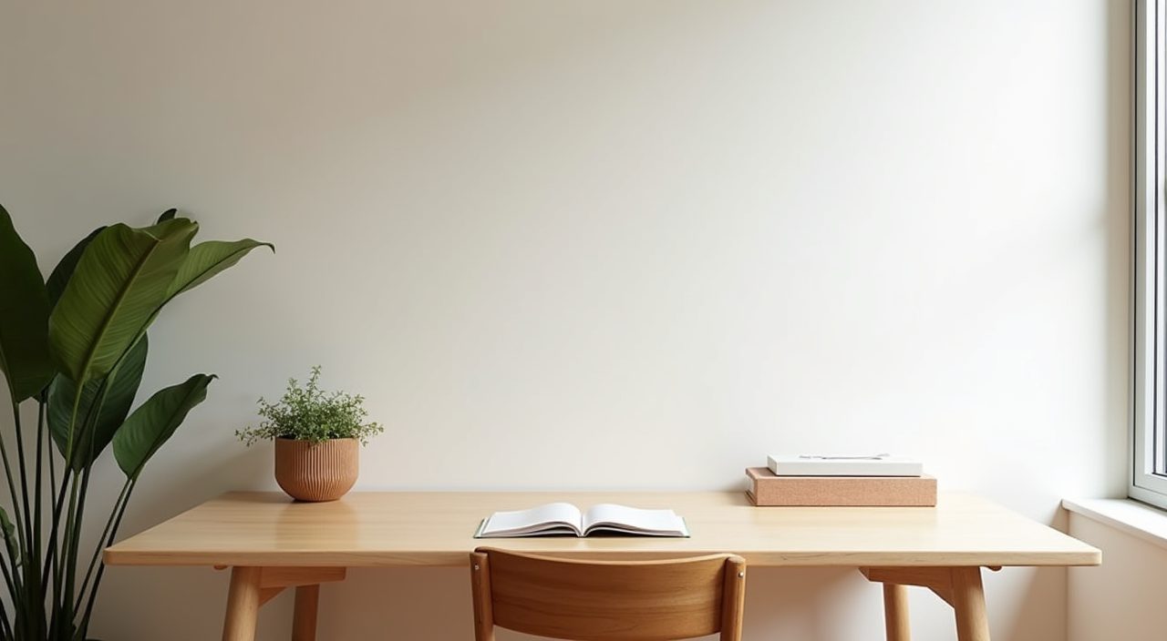 Muji Japanese study room with a clean light wood desk floating against a Singapore condo window