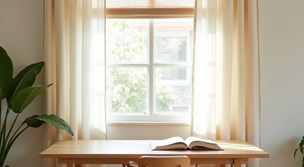 Sheer linen curtains and timber blind diffusing daylight in a Muji Japanese study room in Singapore
