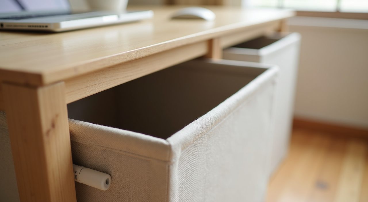 Hidden cable management and storage box detail under a light wood desk in a Singapore Muji study room
