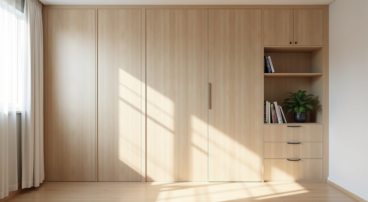 Muji Japanese study room in Singapore with full height flush handleless light wood storage cabinetry
