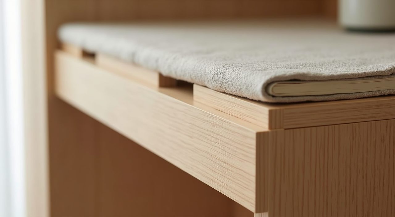Close up of humidity friendly engineered wood veneer and laminate materials for a Muji study in Singapore