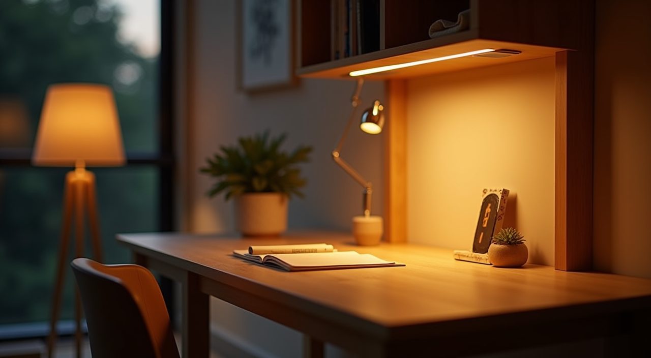 Layered warm lighting in a Muji Japanese study room in Singapore with desk lamp and under shelf LED strip