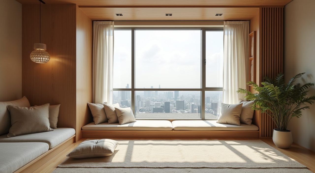 Muji Japanese study room reading nook in Singapore with low timber platform and tatami style mat