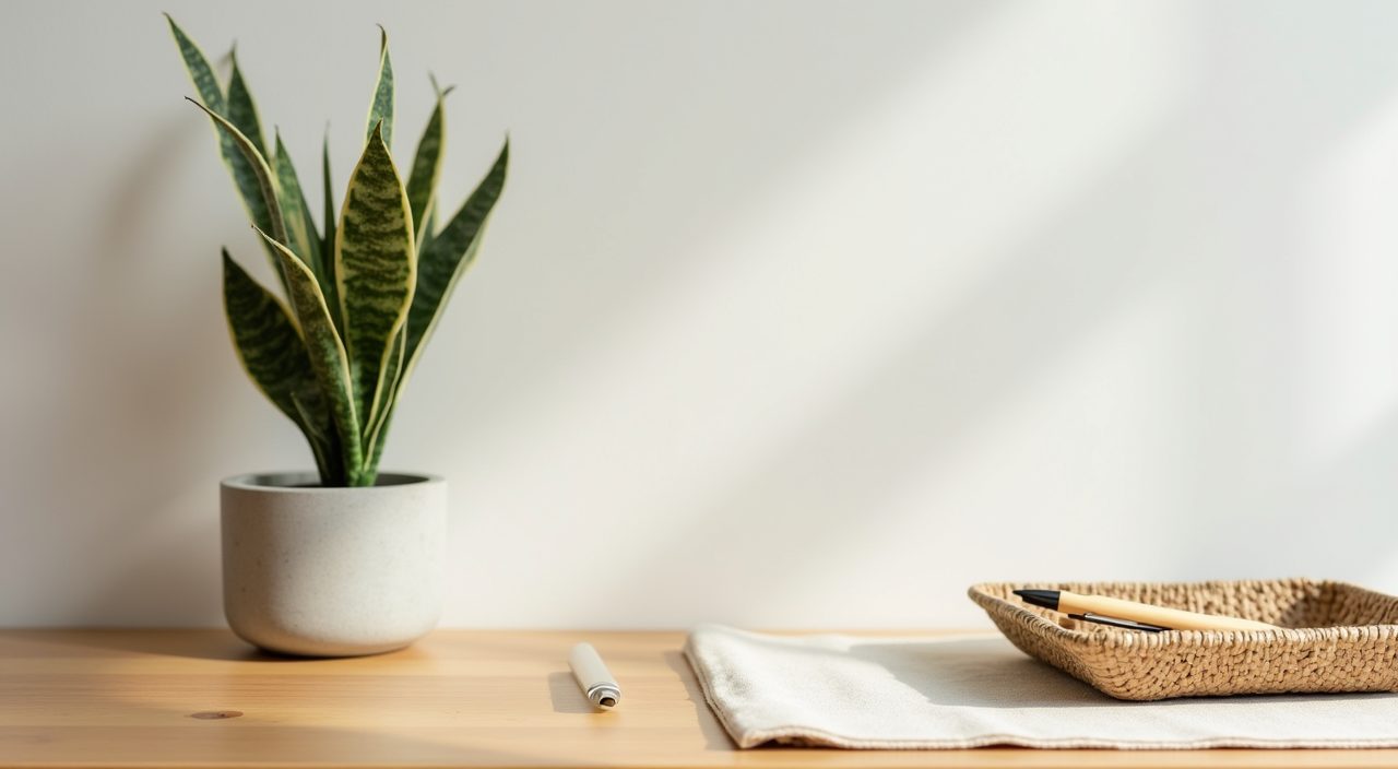Greenery and natural texture detail in a Muji Japanese study room in Singapore with snake plant and rattan tray