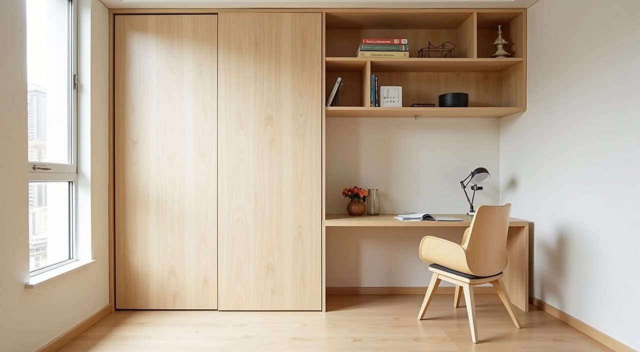 Multi use Muji Japanese study room in a Singapore HDB bedroom zoned with a shoji style sliding panel