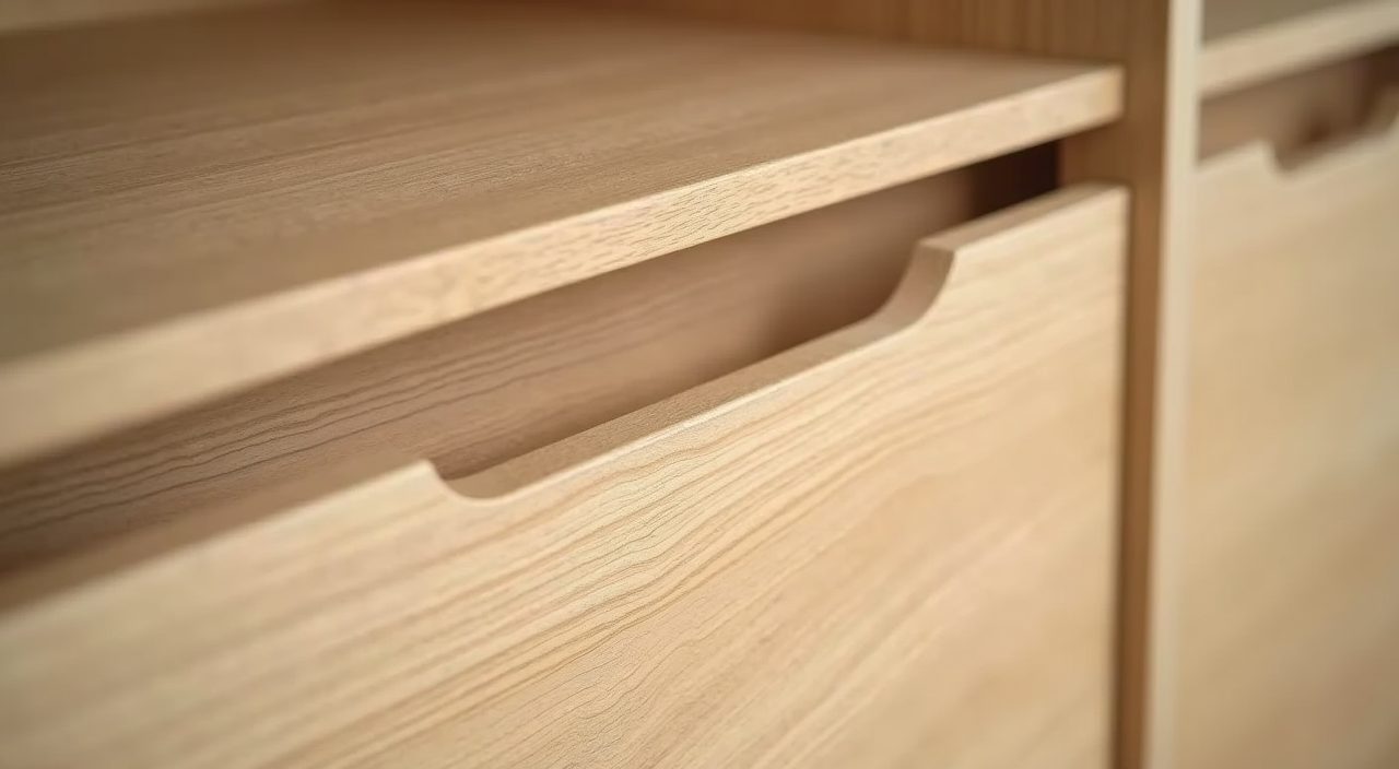 Close up of push to open flush handleless cabinet detail in a Muji Japanese study room in Singapore