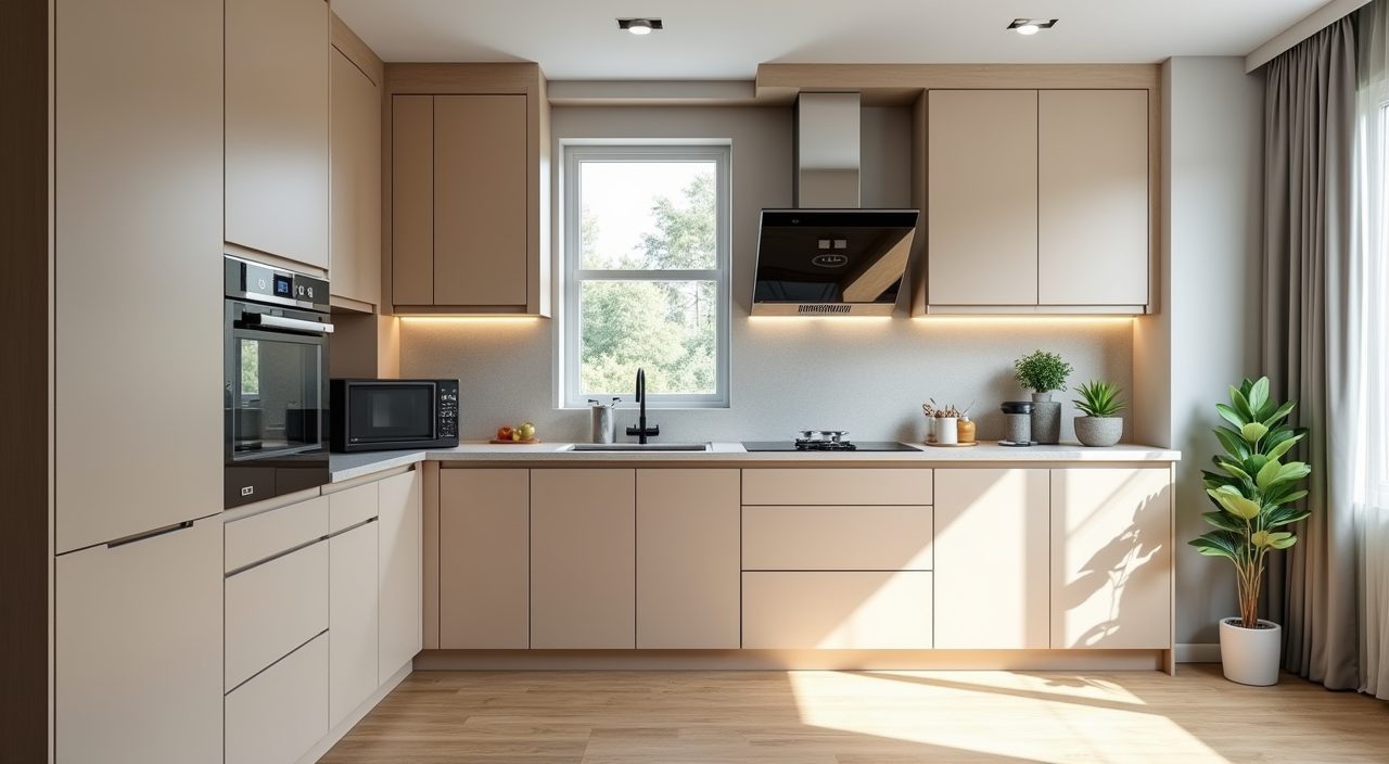 Contemporary L-shaped HDB resale flat kitchen layout with clear central walkway