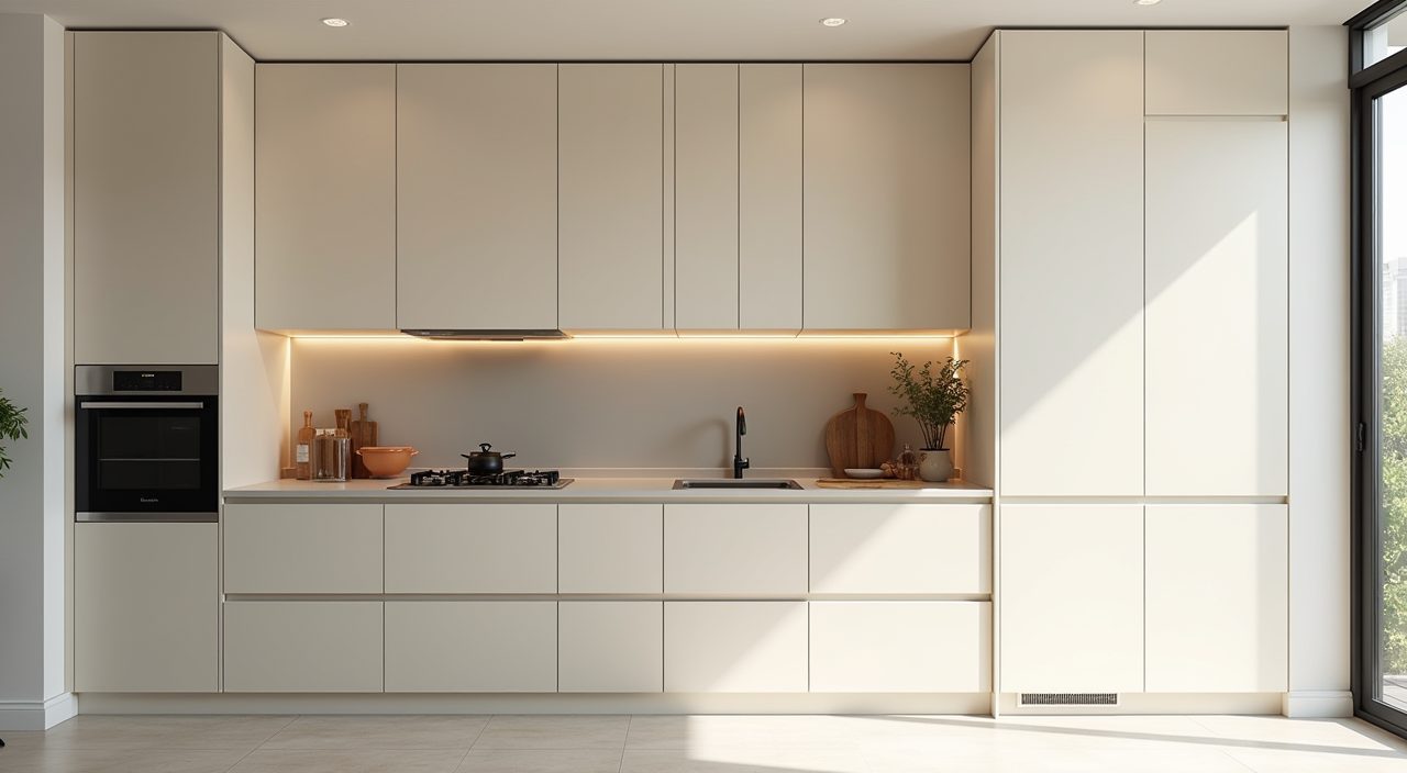 Contemporary HDB kitchen floor to ceiling cabinets with roller shutter appliance garage