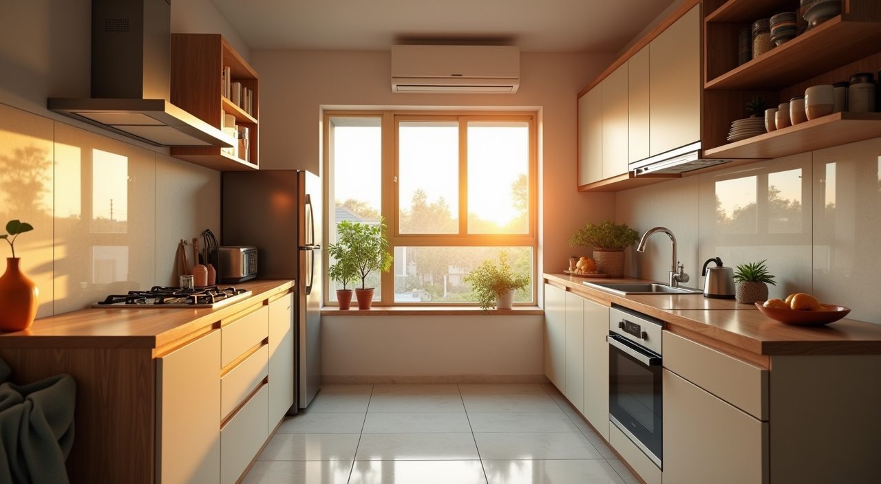 Golden hour mood shot of a calm contemporary HDB resale flat kitchen