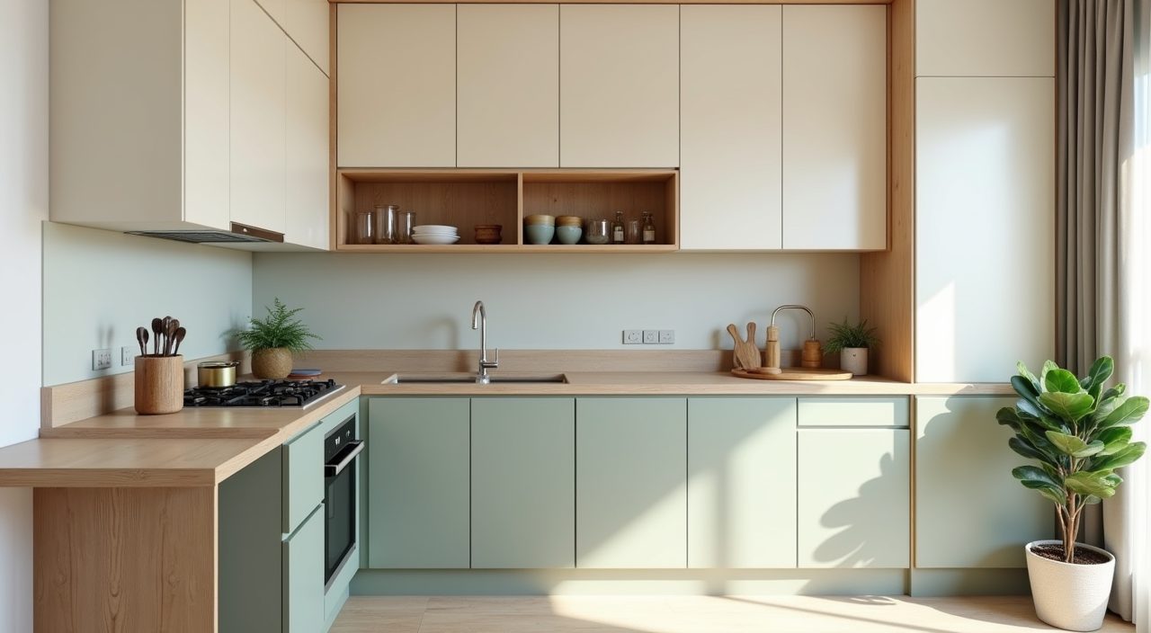 Light warm palette HDB resale kitchen with sage green lower cabinets and pale wood