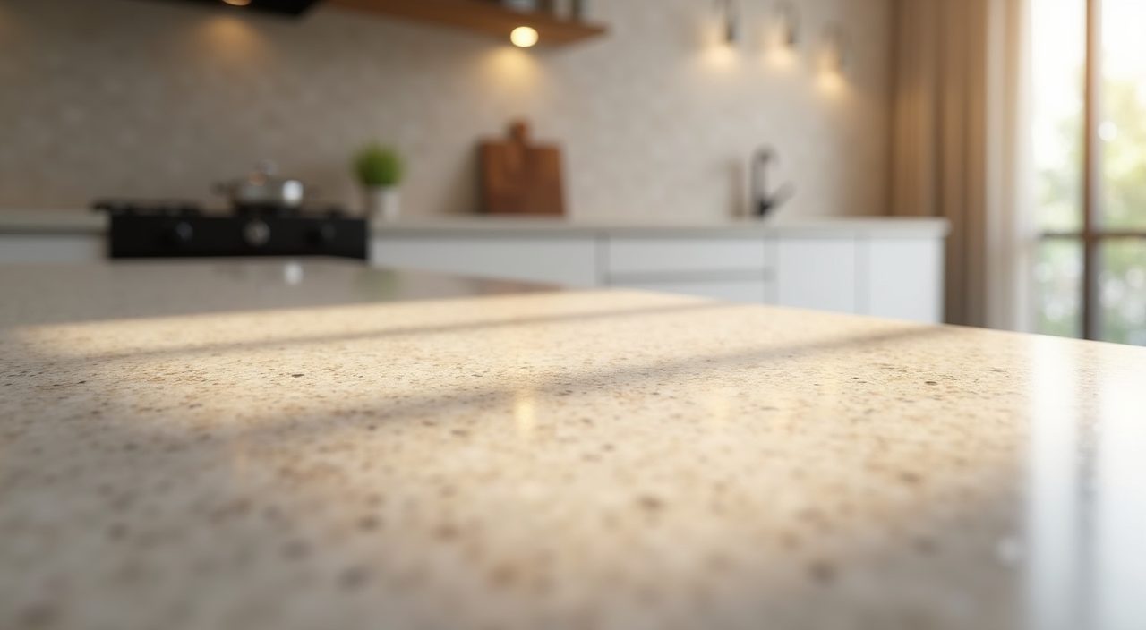 Sintered stone countertop and large-format backsplash detail in contemporary HDB kitchen