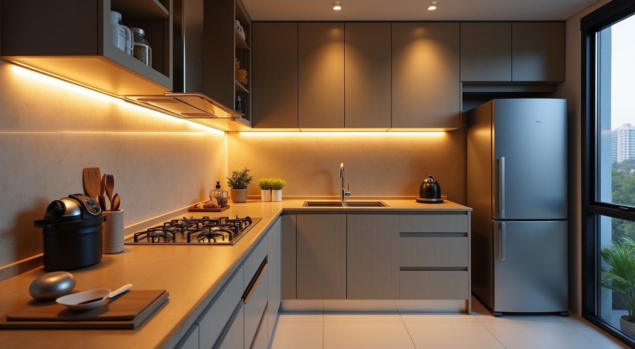Layered lighting in contemporary HDB kitchen with under-cabinet LED strips over worktop