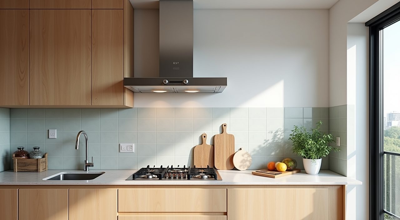 Contemporary HDB kitchen with ducted range hood and service yard door for ventilation