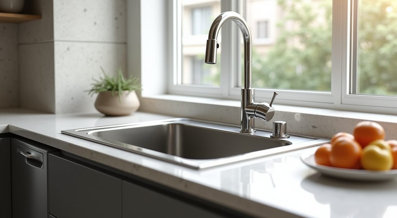 Large single-bowl sink with pull-out spray tap by the window in contemporary HDB kitchen
