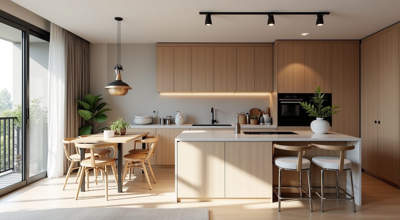 Open concept HDB resale kitchen peninsula with glass screen and breakfast perch