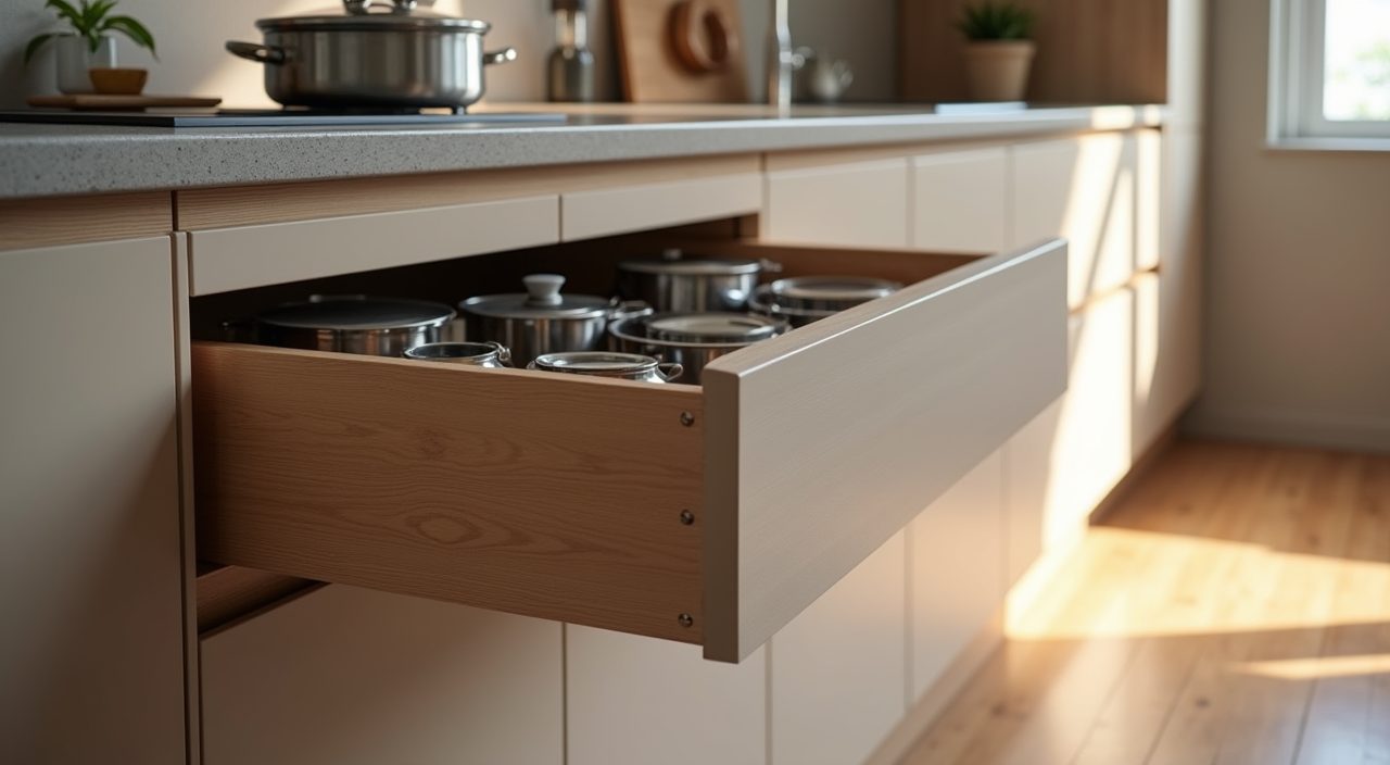 Deep soft-close pot drawer storage detail in contemporary HDB resale kitchen