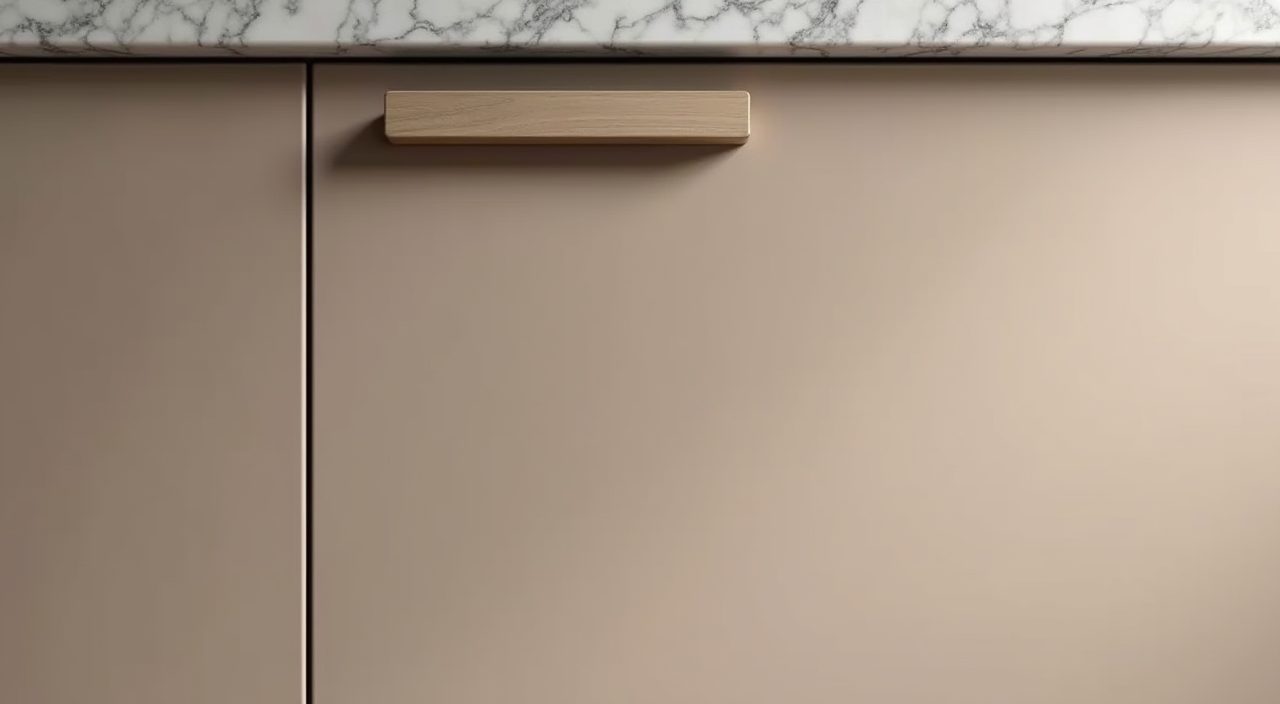 Matte laminate cabinet door and recessed handle finish detail in contemporary HDB kitchen