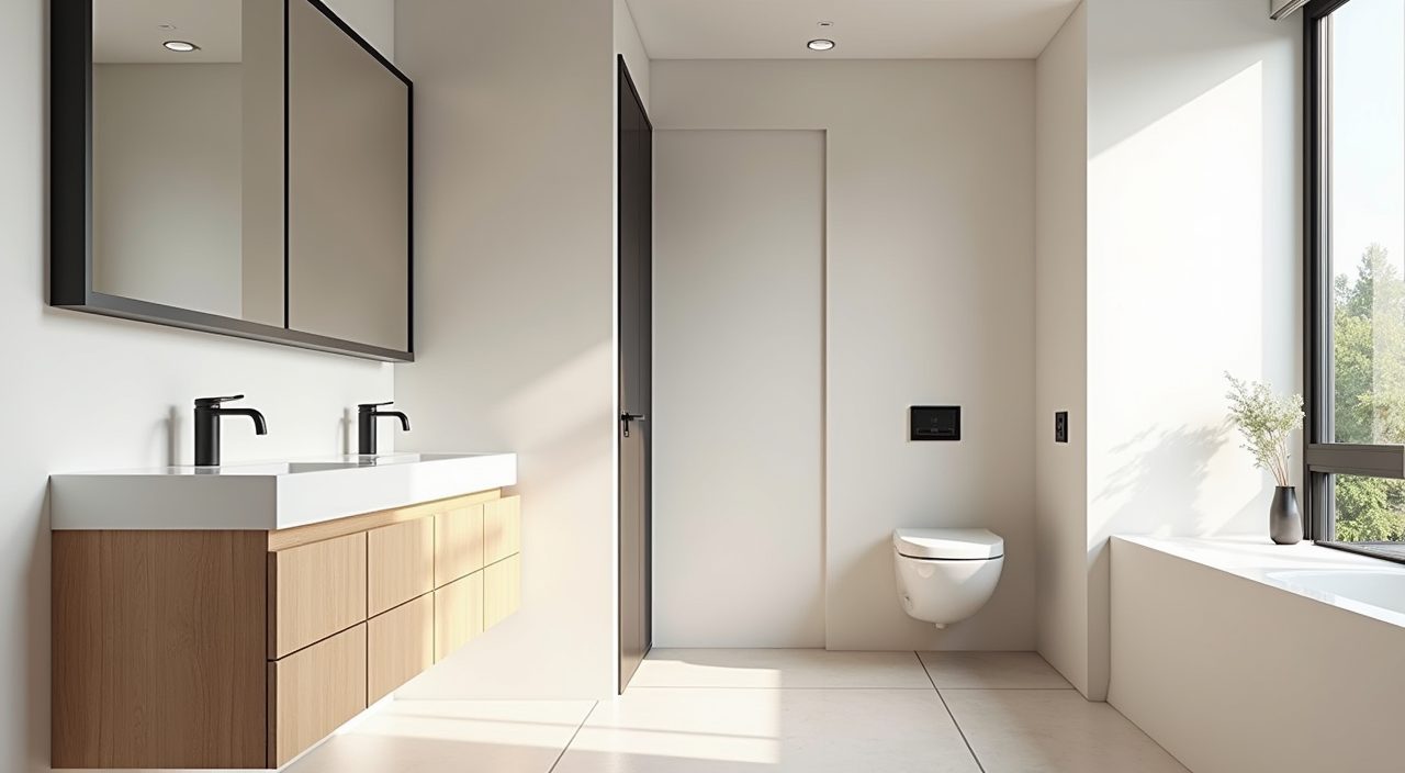 Scandinavian bathroom in a Singapore flat with warm white walls and pale oak vanity