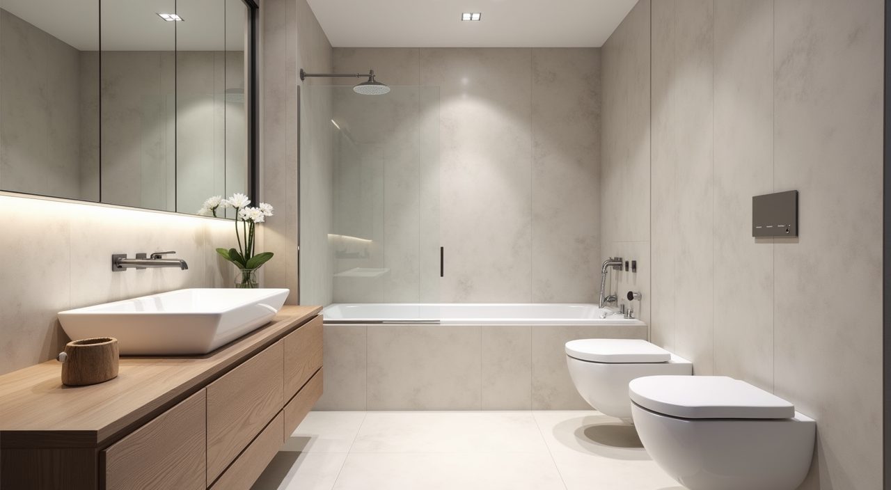 Scandinavian bathroom with large-format pale porcelain tiles and minimal grout lines