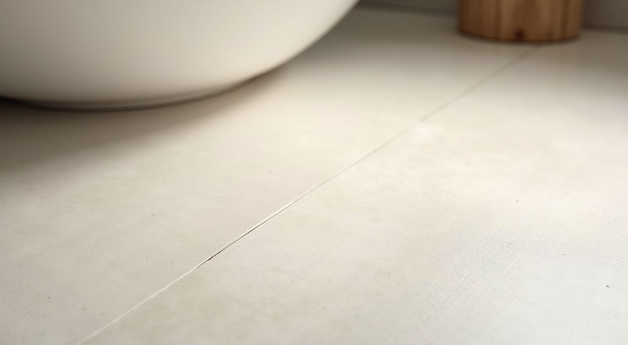 Close-up of matte slip-resistant pale porcelain floor tile in a Scandinavian bathroom