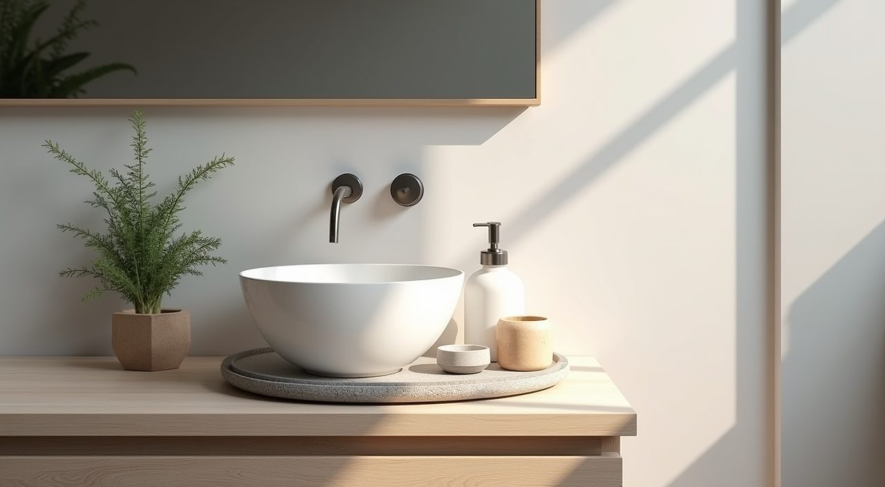 Scandinavian bathroom mood shot with stone tray, ZZ plant and pale oak vanity top