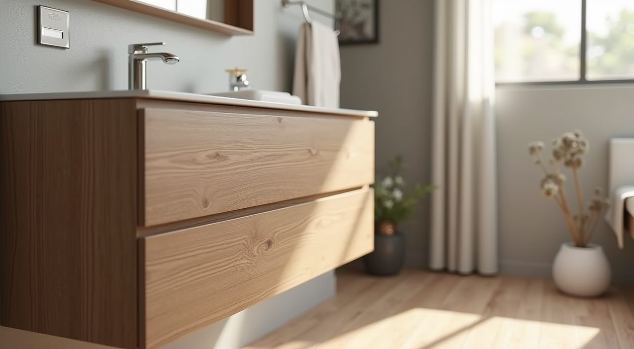 Close-up of wood-look laminate vanity and wood-effect porcelain in a Scandinavian bathroom