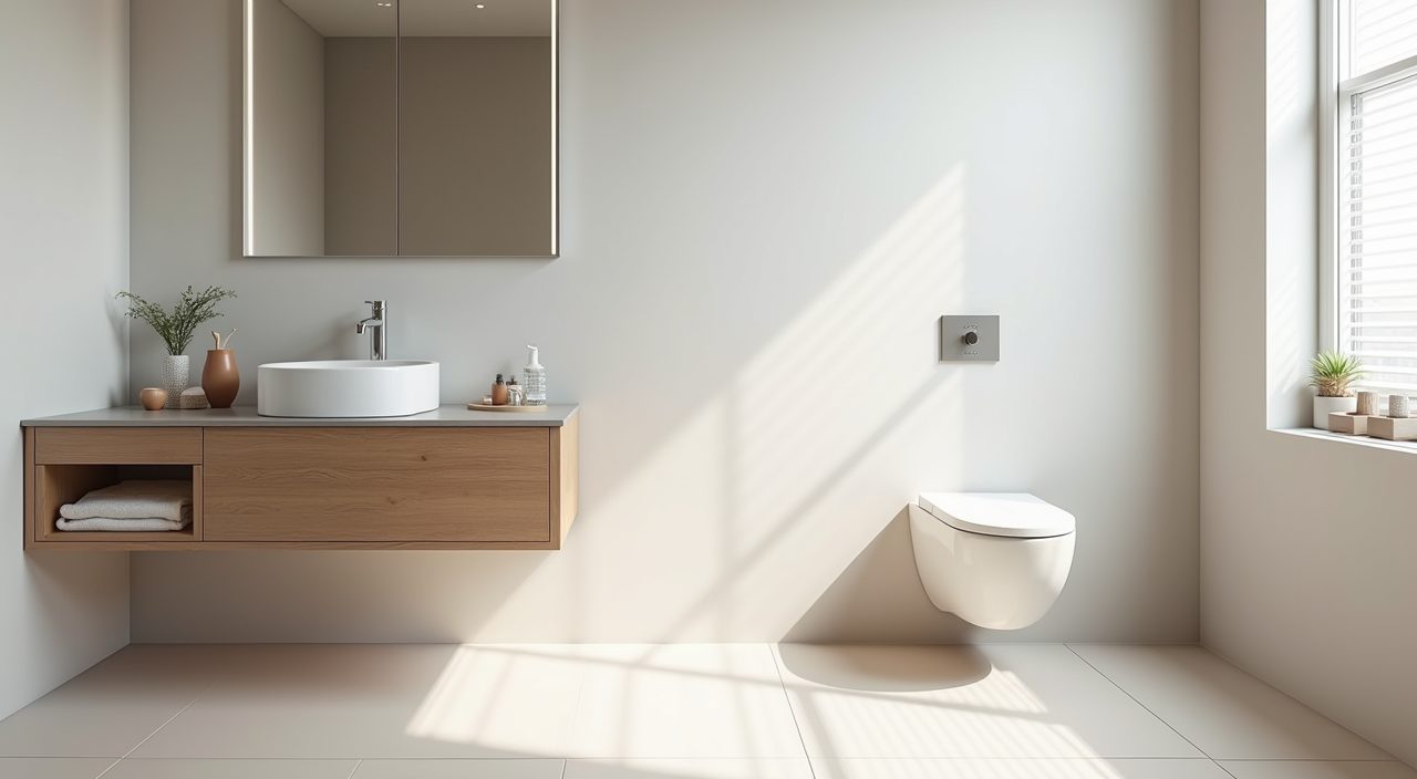 Scandinavian bathroom with wall-hung vanity and floating toilet exposing continuous floor tile