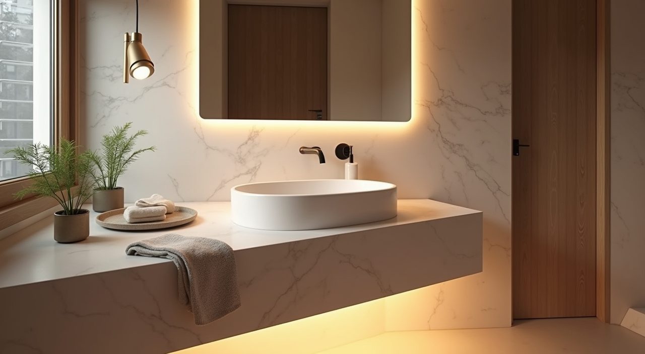 Scandinavian bathroom lighting detail with backlit mirror and warm LED strip under the vanity