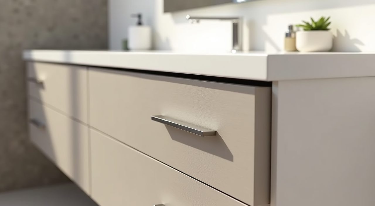 Scandinavian bathroom storage detail with handleless drawers and slim mirror cabinet