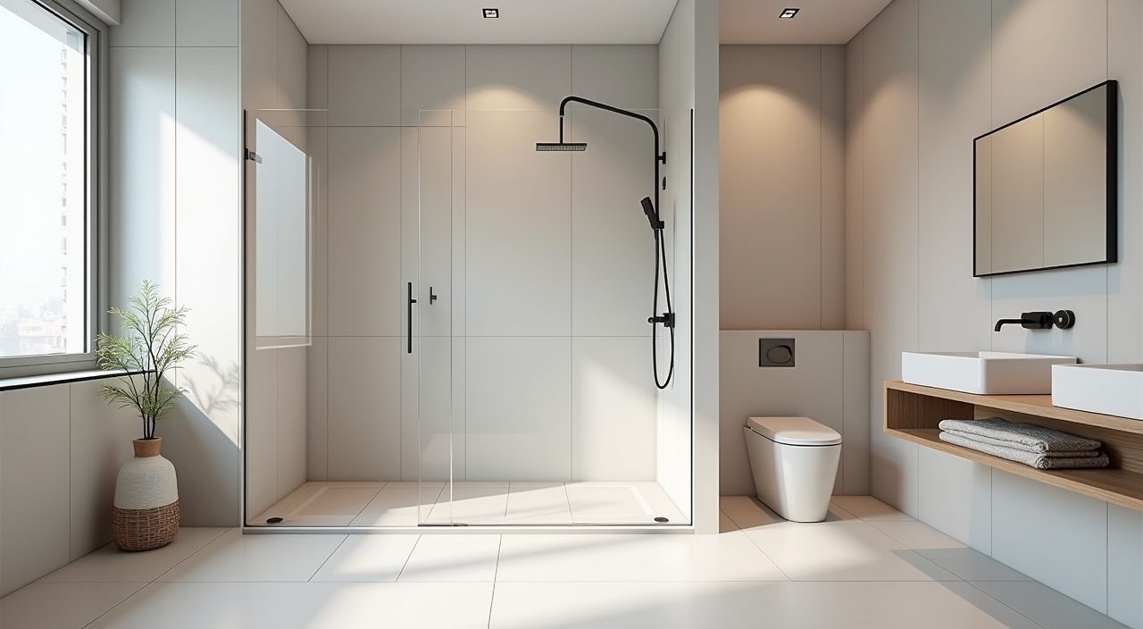 Scandinavian bathroom shower with frameless glass screen and curbless linear-drain entry