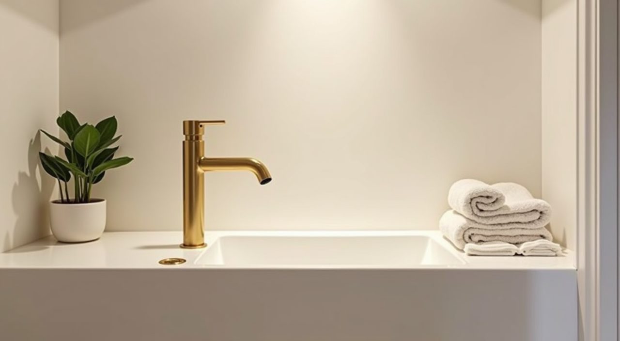 Scandinavian bathroom detail with brushed brass tap, greenery and folded textured towels
