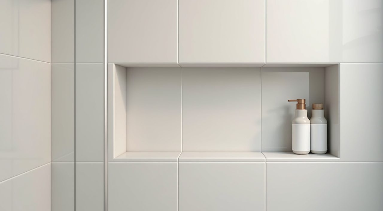 Recessed shower niche detail in a Scandinavian bathroom with pale porcelain tiling