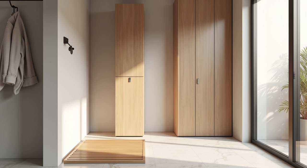 Corner nook in a Scandinavian bathroom with tall narrow cabinet and teak duckboard