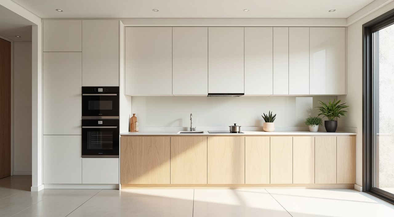 Scandinavian HDB kitchen with warm off white cabinets and pale timber base units