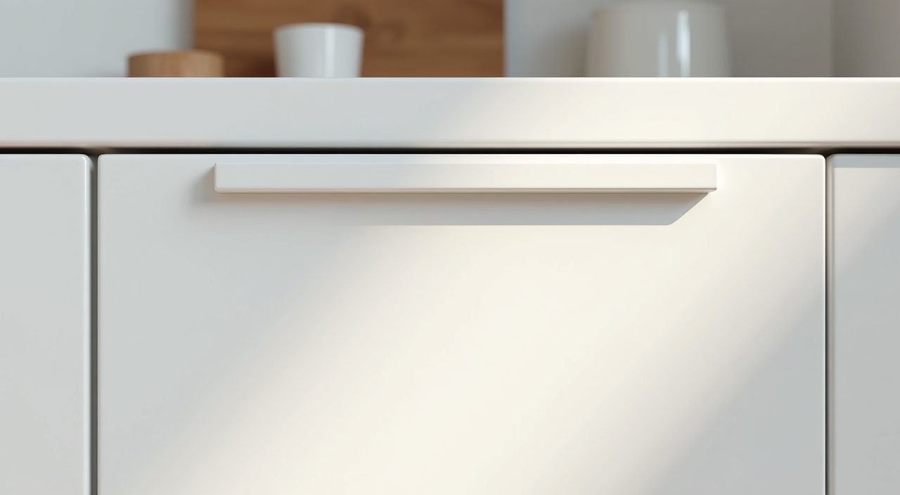 Close up of handleless flat front matte laminate cabinets in a Scandinavian kitchen