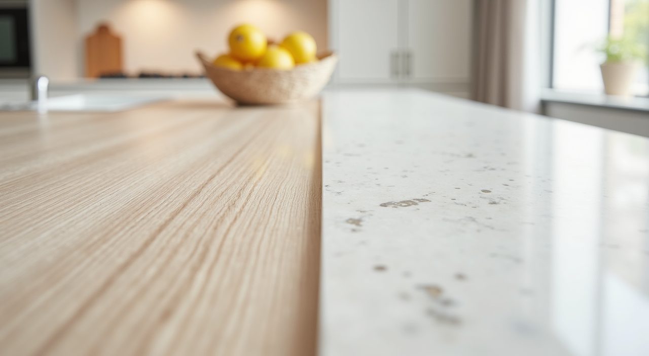 Macro material detail of pale oak, matte off white laminate and quartz in a Scandinavian kitchen