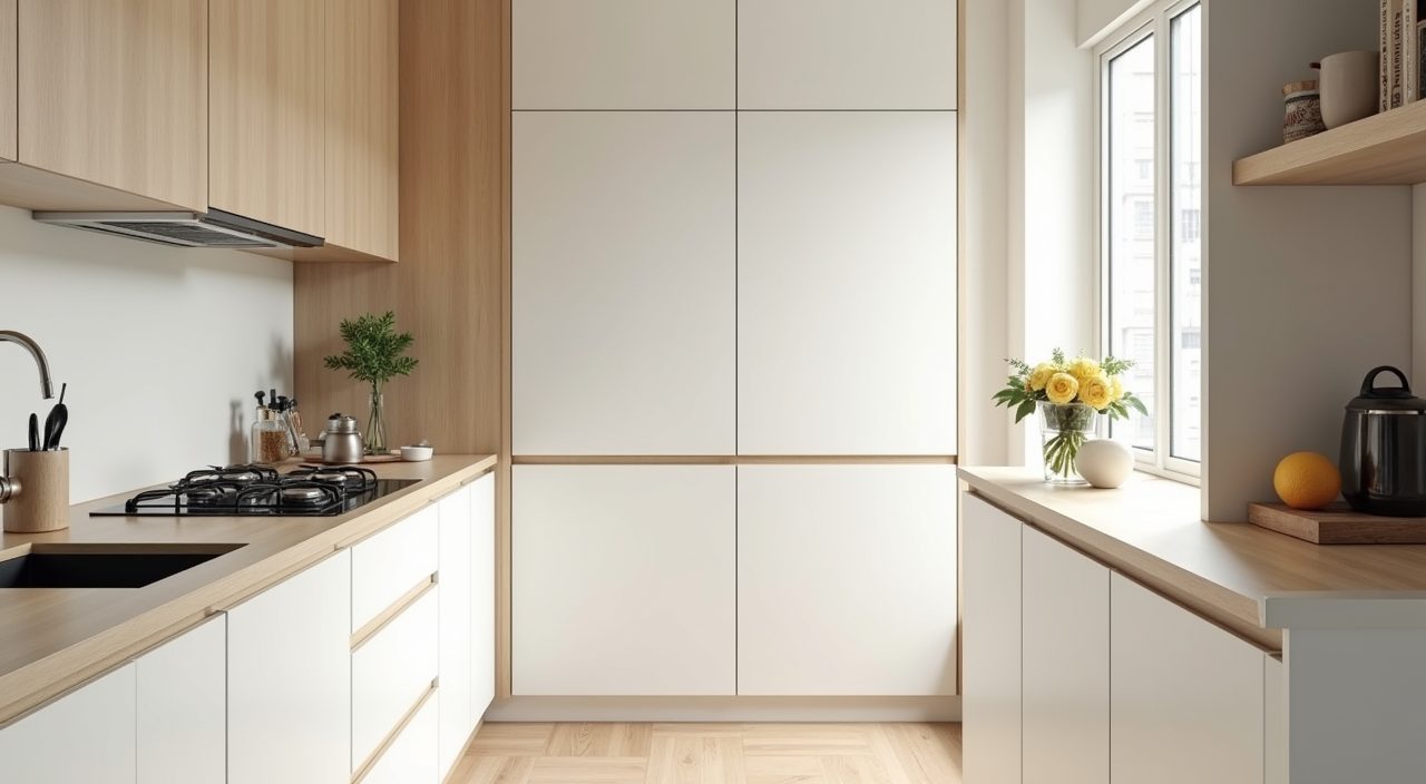 Compact Scandinavian galley kitchen in a Singapore HDB flat with pale handleless cabinets