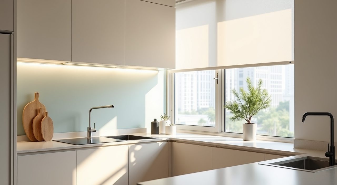 Scandinavian condo kitchen window with minimal roller blind and bright natural daylight