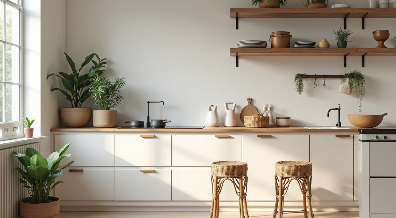 Scandinavian kitchen timber shelf and rattan stool detail adding natural warmth