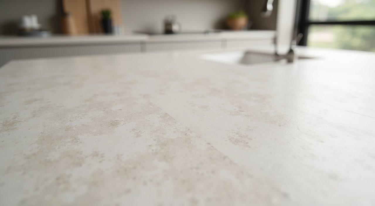 Close up of quartz worktop and pale large format backsplash in a Scandinavian kitchen