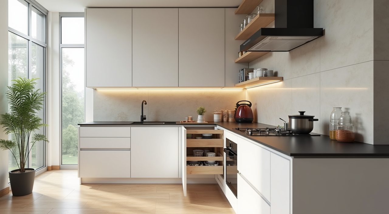 Scandinavian kitchen tall units with open deep drawer and hidden appliance garage storage