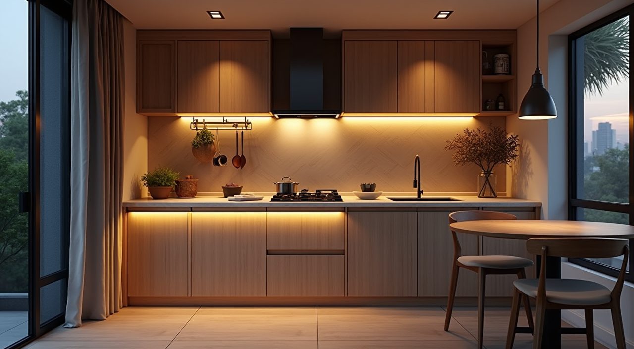 Scandinavian kitchen with layered downlights, under cabinet task lighting and pendant