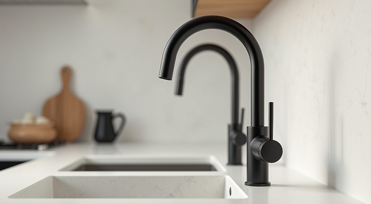 Close up of a slim matte black mixer tap and consistent hardware in a Scandinavian kitchen