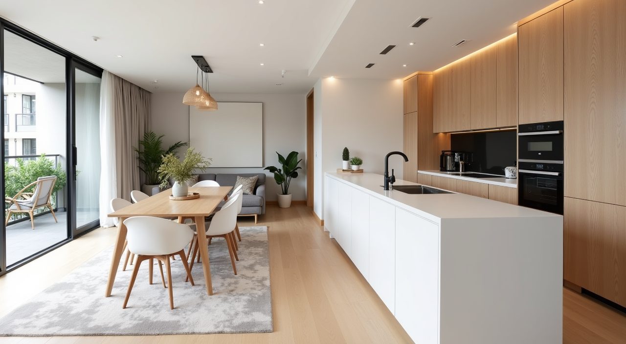 Wide open plan Scandinavian condo kitchen with pale timber and warm white palette